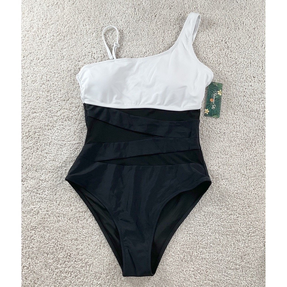Blooming Jelly Womens One Piece Swimsuit Black White Mesh One Shoulder SMALL NWT